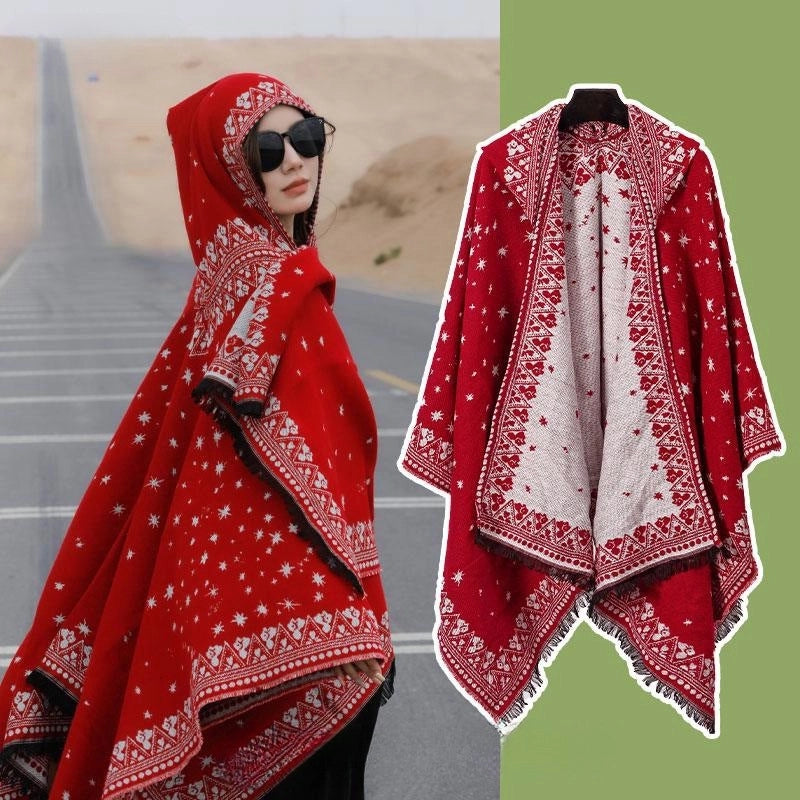 Ethnic Style Hooded Cape Women’s Yunnan Tibet Western Sichuan Grassland Bohemia Travel Wear Scarf Coat