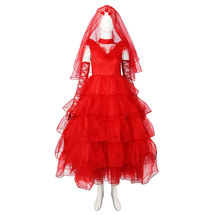 Beetle Juice Lydia Red Wedding Dress Outfits Cosplay Costume Halloween Carnival Suit