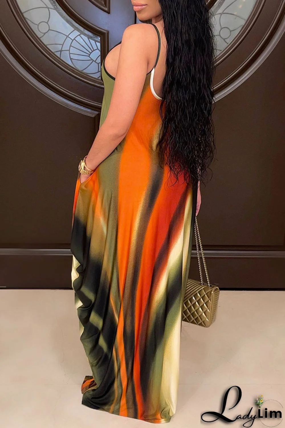 Tangerine Sexy Print Patchwork Spaghetti Strap Sling Dress Dresses