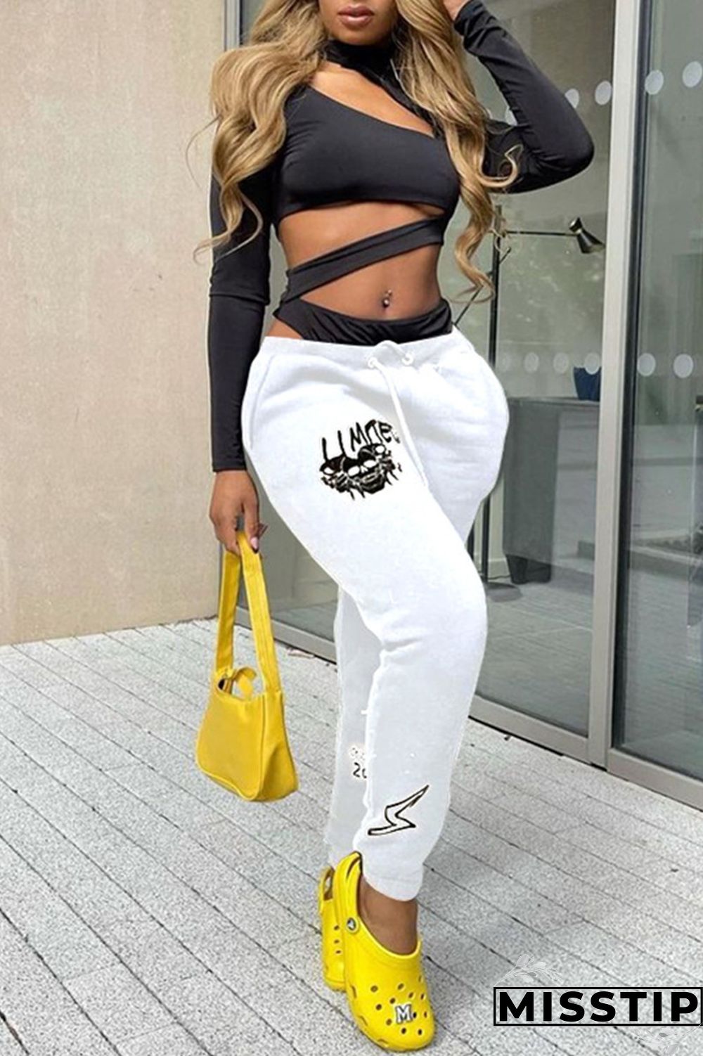 White Fashion Casual Print Basic Regular Mid Waist Trousers