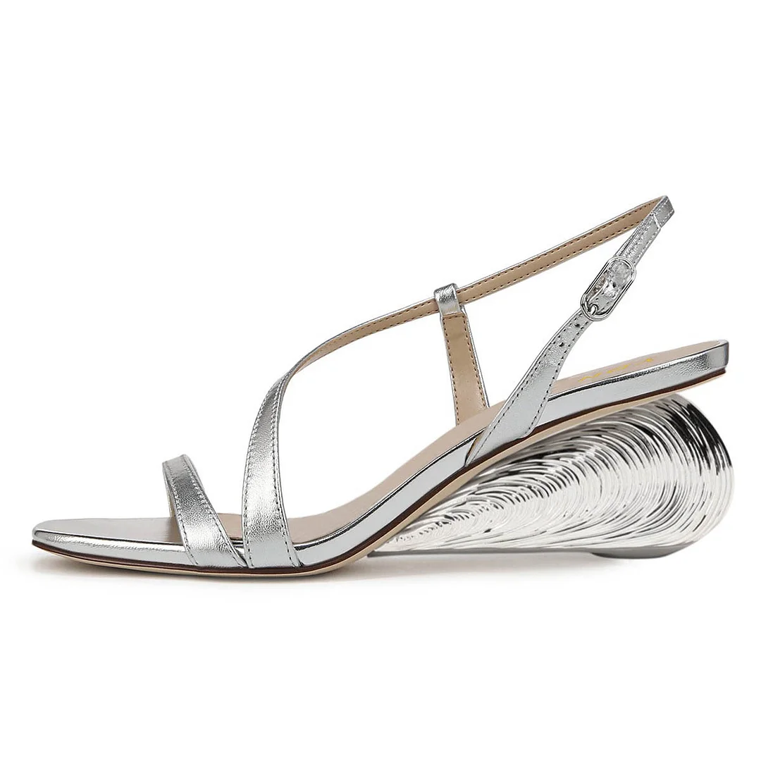 Silver Metallic Finish Open Toe Slingback Women's Heel Sandals