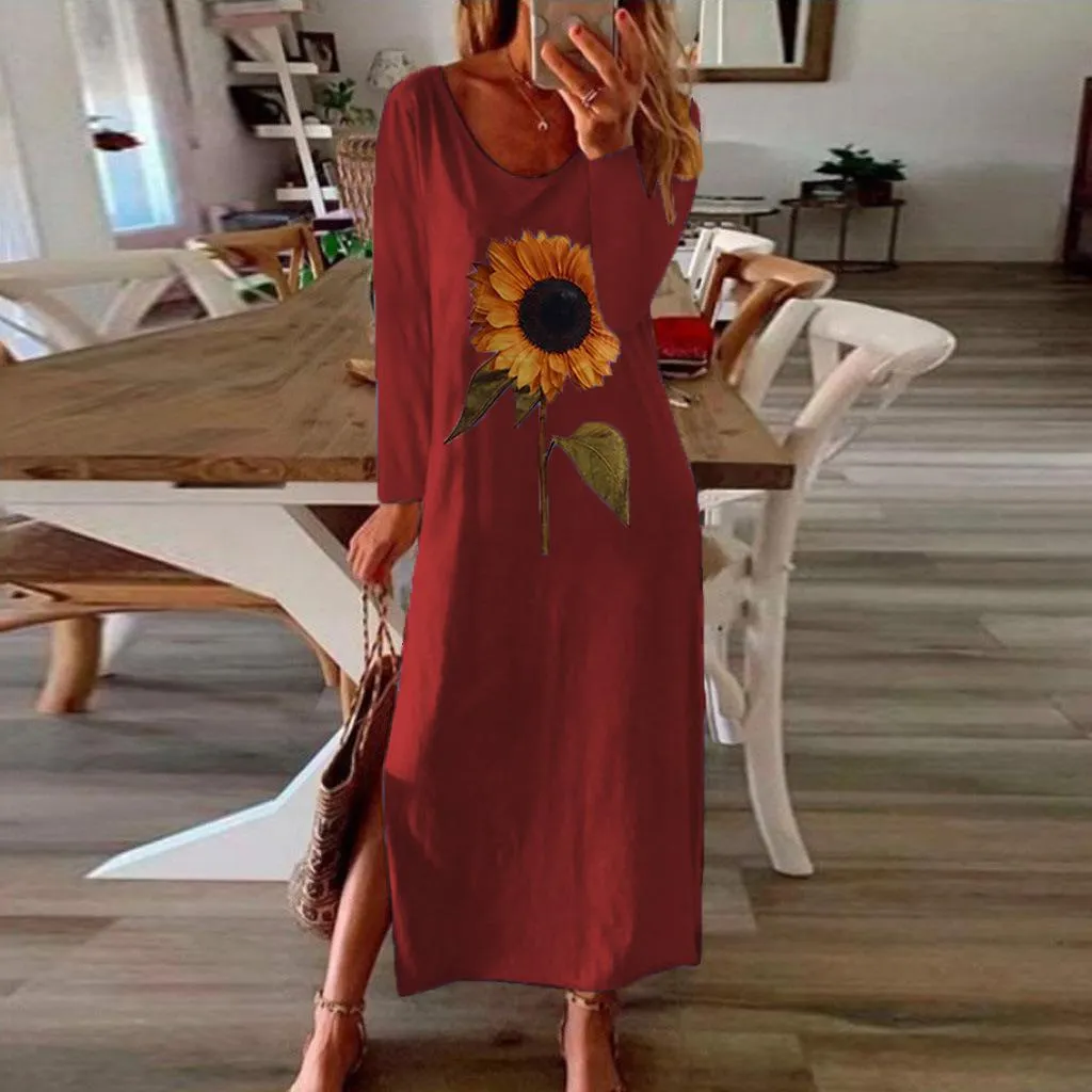 Sunflower 3D Print Split Summer Autumn Dress Women Elegant 2020 White Long Sleeve Plus Size Maxi Dresses for Women Vestidos