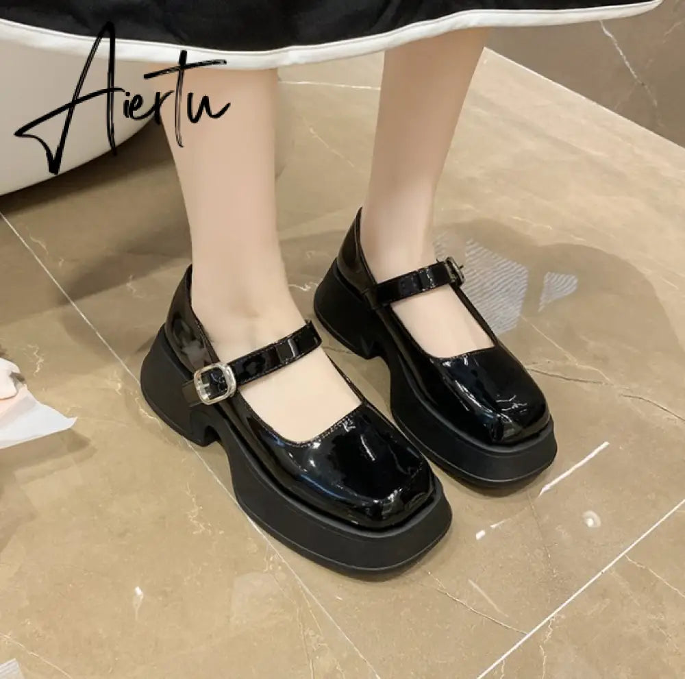 Aiertu Retro Mary Janes Leather Pumps Med Heel Square Toe Buckle Sandals Summer Autumn Fashion Women Shoes Heels 4 cm Aiertu