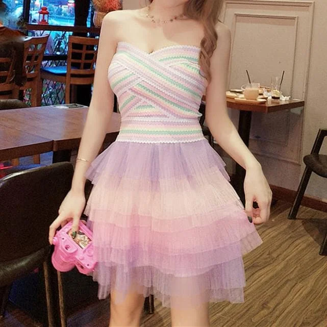 Colorful Off-Shoulder Tulle Dress SP1812021