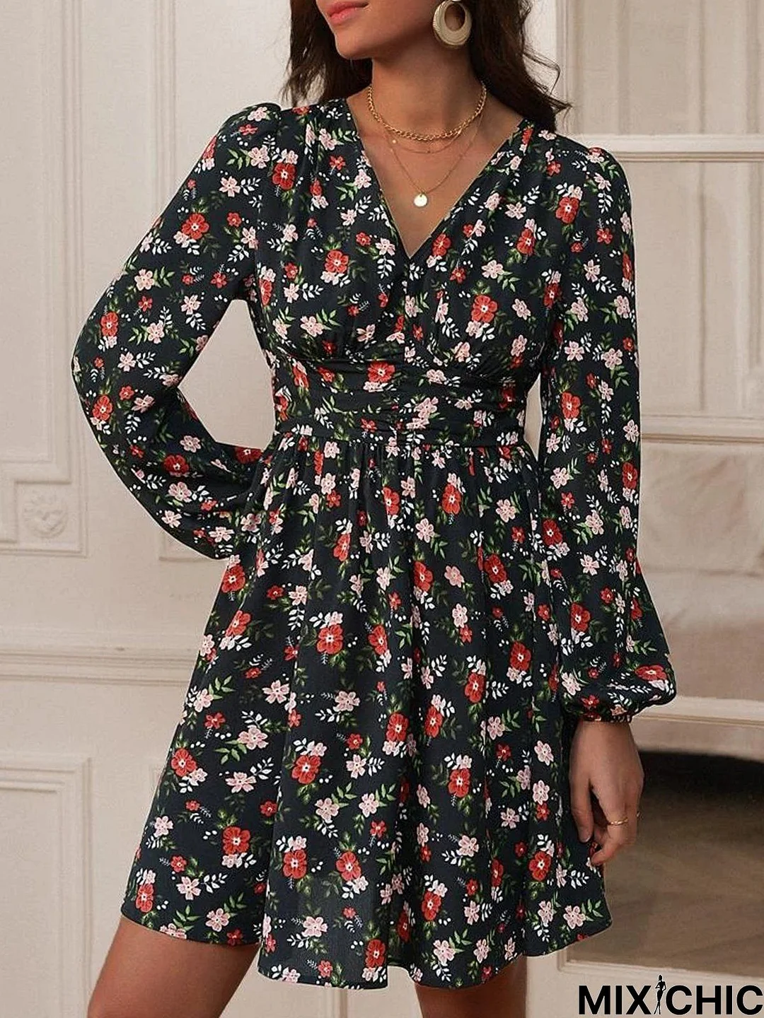 Floral Long Sleeve Tunic Vacation Dress