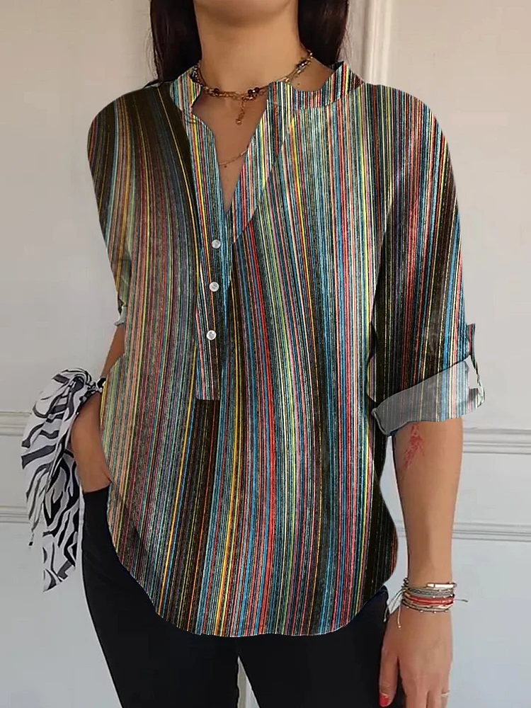 Irregular Strip Pattern Printed Women's  Print Casual Long Sleeve Comfortable Cotton Shirt