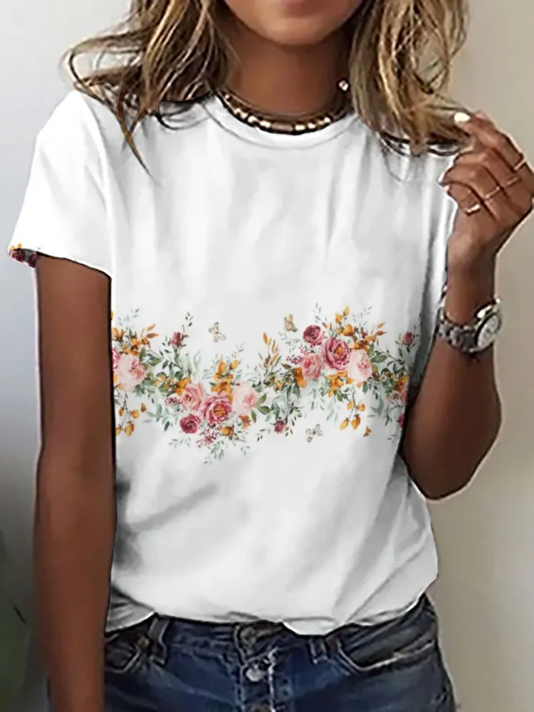 Printed Short Sleeve Casual T-shirt for  Women and Men Unisex Pattern Floral, Red, Green