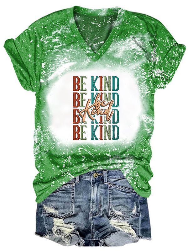 Short Sleeve V Neck Gradient Be Kind Letter Printed T-shirt