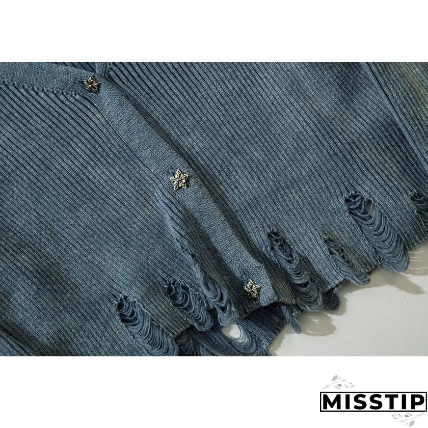 V Neck Distressed Star Button Cropped Cardigan Sweater