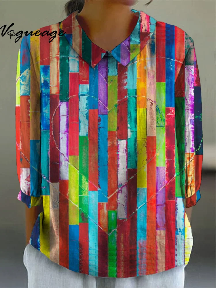 Fashion Color Line Stitching And Love Printed Cotton And Linen Shirt