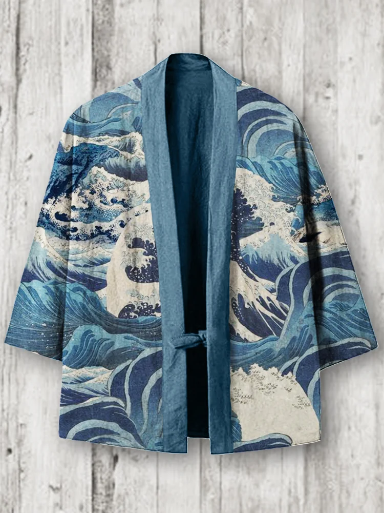 Comstylish Sea Waves Japanese Ukiyo-e Art Linen Blend Kimono Cardigan