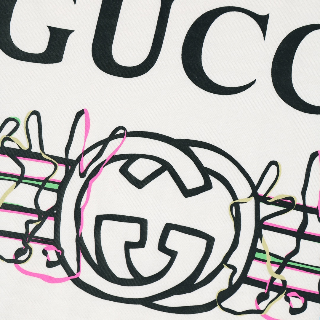 GUCCI古馳兔年限定霓虹兔短袖白色印花細節圖