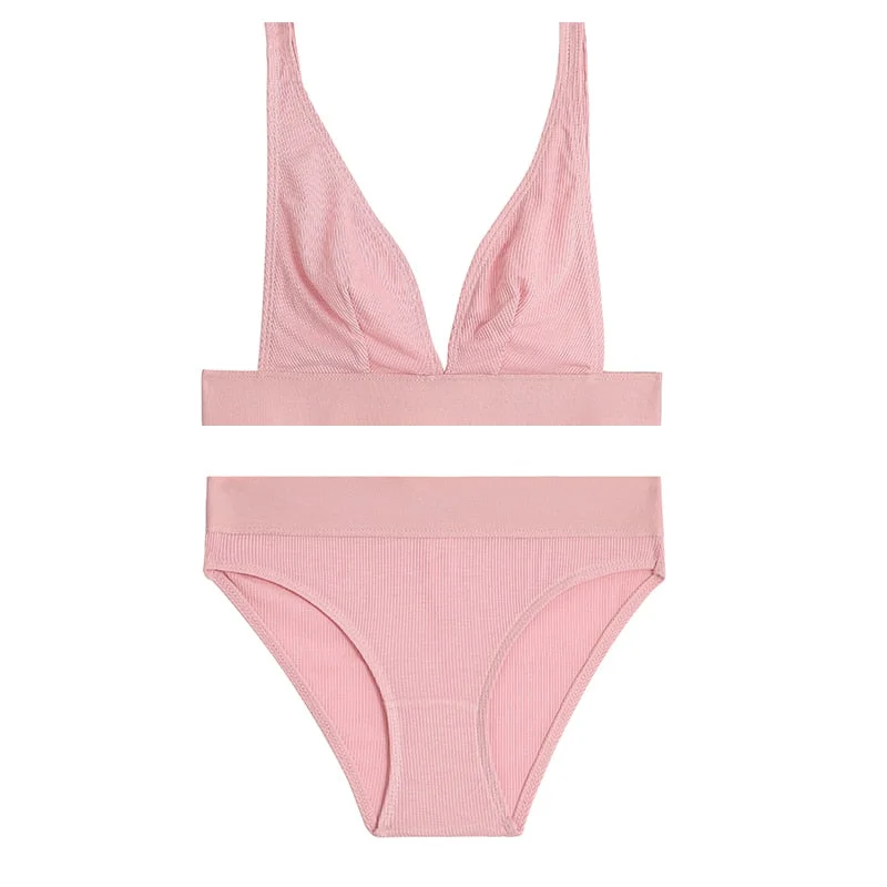 FINETOO S-2XL Plus Size Women V-Neck Sexy Seamless Women Bra Set Underwear Lingerie Suits  Fitness Top+Panties Push Up Brassiere