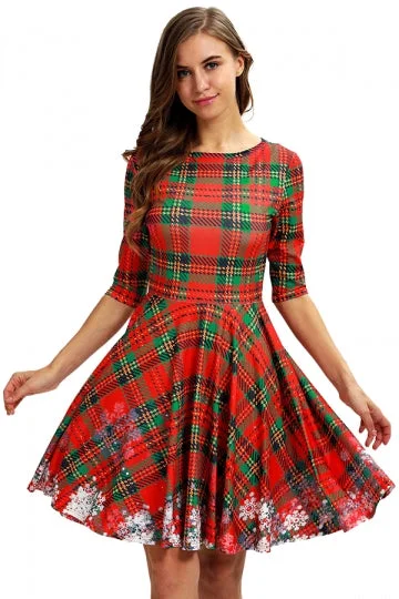 Crew Neck Half Sleeve Plaid Midi Christmas Dress Dark Red-elleschic