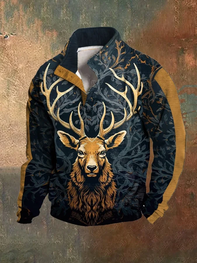 Men's Fleece Vintage Western Deer Stand Collar Sweatshirt