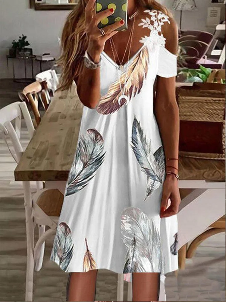 Lace Print Short Sleeve A-Line Knee Length Resort Dress socialshop