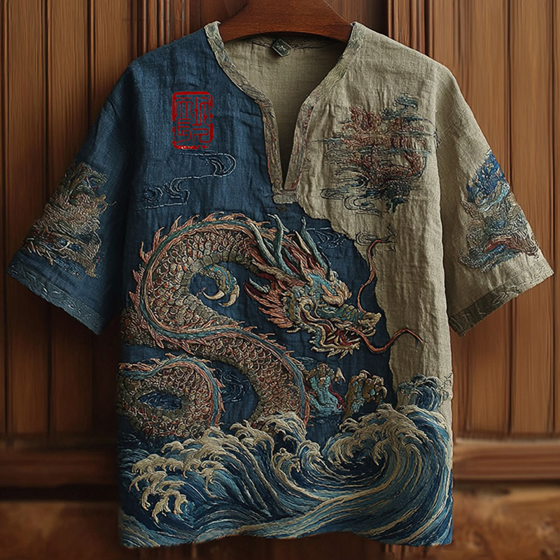 Men's Retro Wave And Dragon Japanese Embroidery Linen Shirt  artssus