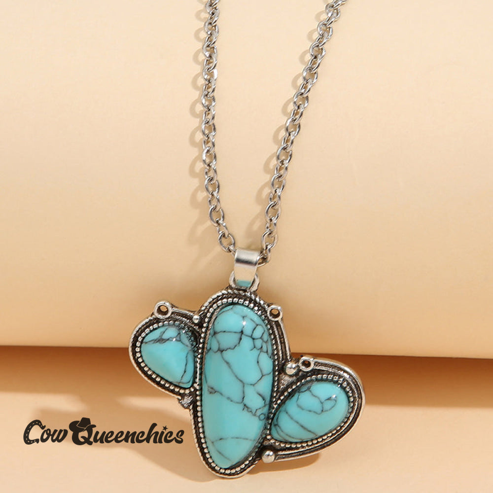 Western Alien Cactus Turquoise Necklace Silver / One-Size