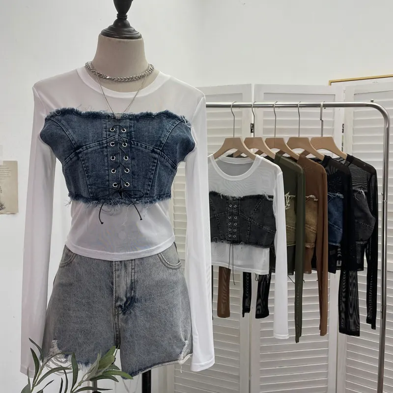 Churchf Vintage Babes Cowboy Spliced Tiring Strapped With Long Sleeves Short Mesh T-Shirt 2639
