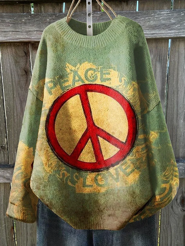 Hippie Art Print Knit Pullover Sweater