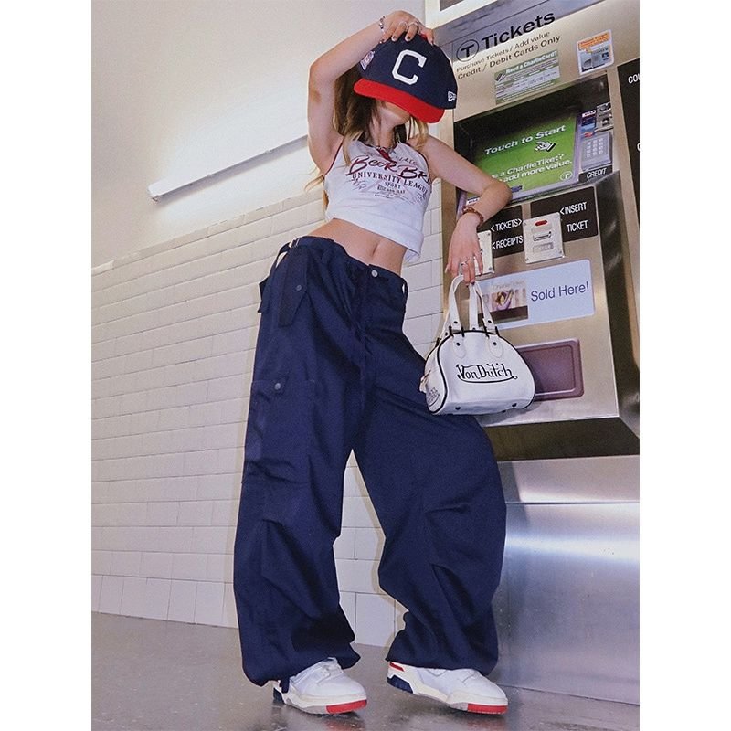 Fongt Y2K Parachute Pants Women Hip Hop Streetwear Baggy Low Waist Cargo Trousers Oversized Solid Hippie Punk Jogging Sweatpants