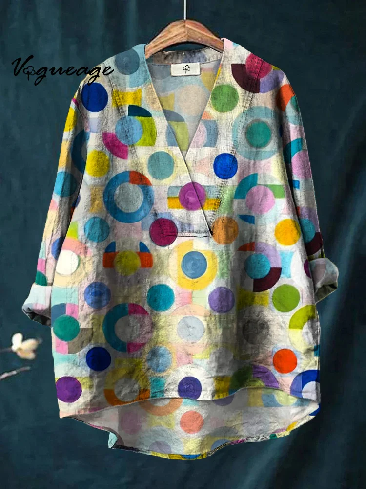 Bright And Gentle Colorful Large Dots Printed Cotton And Linen Shirt