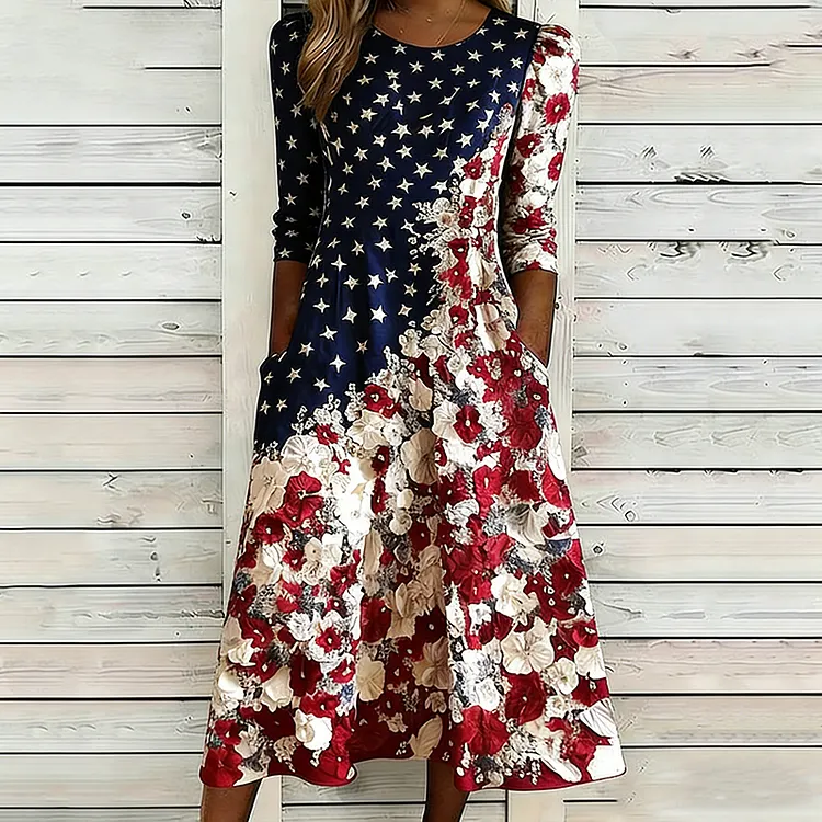 Women's Retro Independence Day Floral Pattern Casual Round Neck Dress