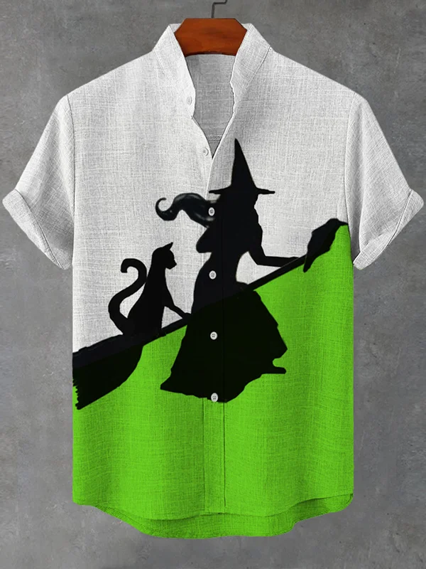 Men's Bird Cat Witch Riding A Broom Flying Color Block Art Print Shirt