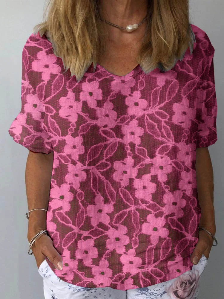 Womens Plum Blossom Pattern Hearts Pattern Print Cotton And Linen Top