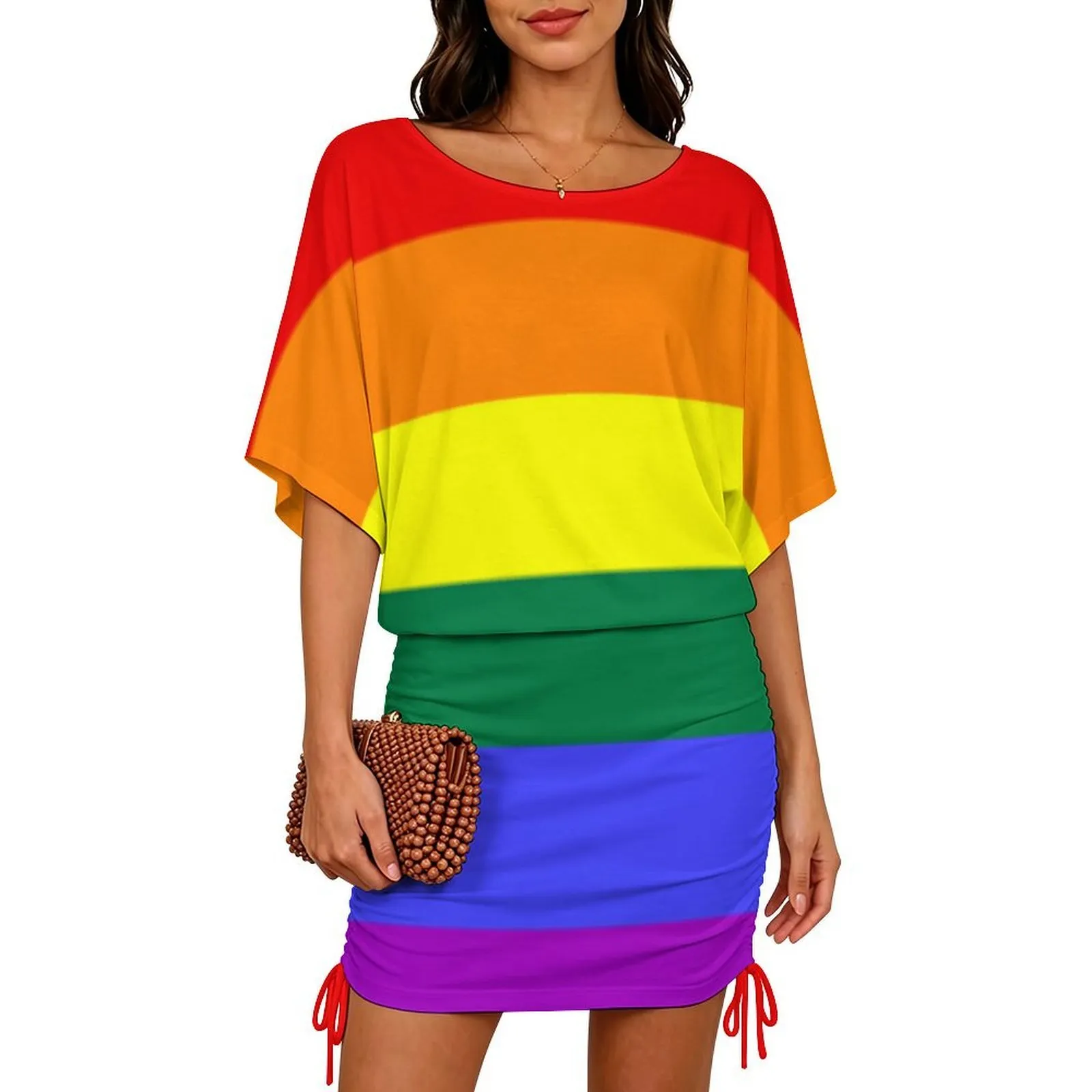 cute pride dress SFneewho® Trans Tans Rainbow Gay Lgbt Flag Horizontal Stripes Batwing Mini Women Side Drag beach terry dress Textured mirrored dressing table The dress is made Size:8.5M/10.0W