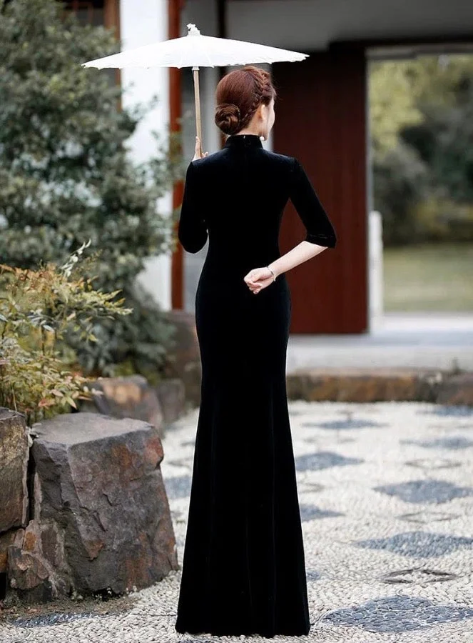 Qipao for event, velvet material, fish tail full length Qipao