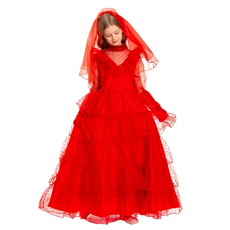 Kids Children Beetlejuice (2024) Lydia Red Wedding Dress Cosplay Costume Outfits Halloween Carnival Suit