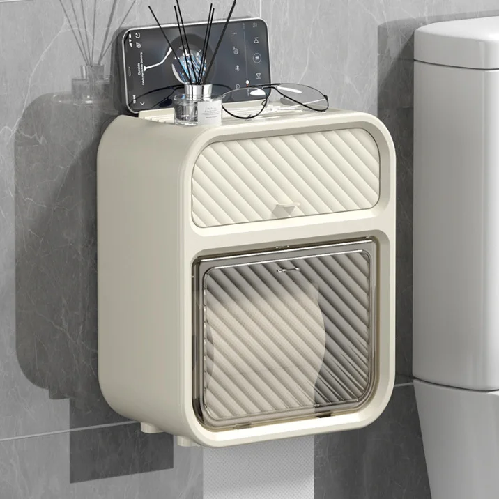 Light luxury bathroom punch-free double-layer storage rack cream style bathroom tissue box