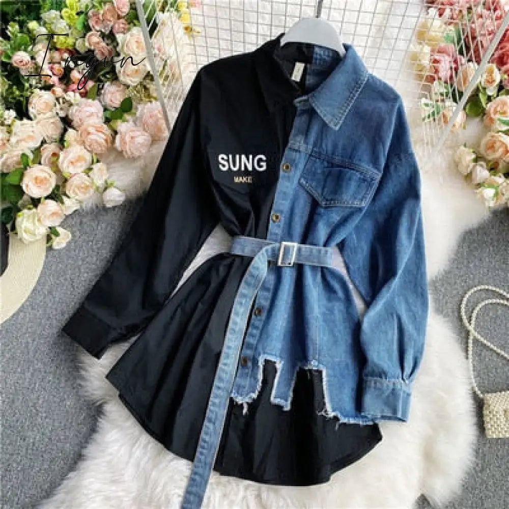 Ingvn - Women’s Blouse Autumn Long Sleeve Shirt Tops Jeans Patchwork Plaid Blouses Elegantes
