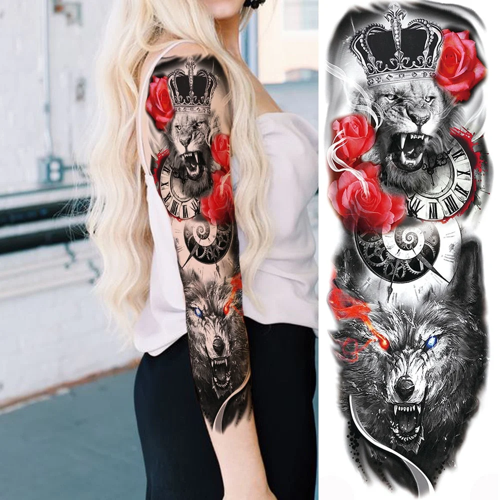 For Men Women Body Art Full Arm Sleeve Black Flower Tatoo Water Transfer Fake Tattoo Stickers Large Compass Temporary Tattoos