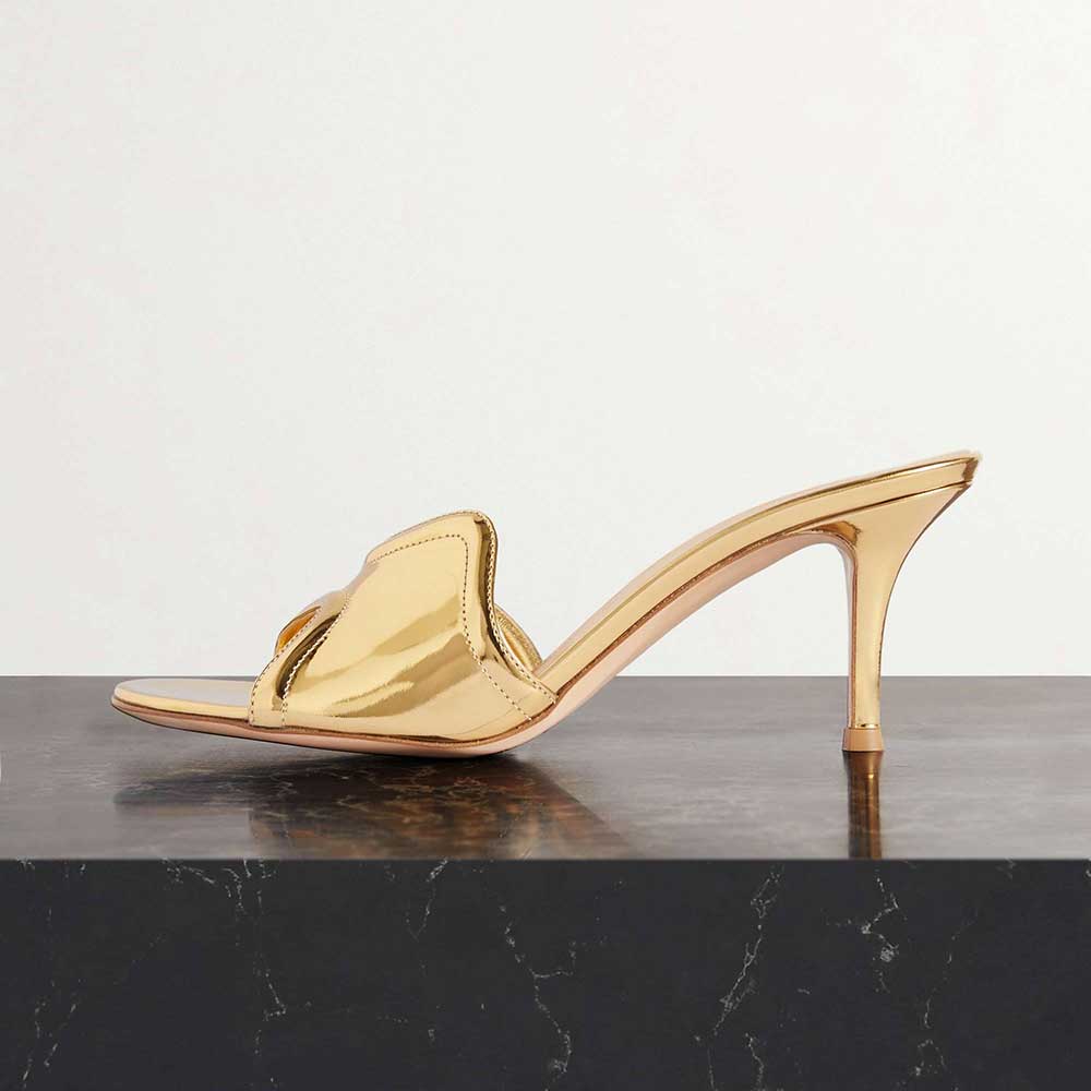Gold Metallic Vegan Leather Round Toe 3'' Stiletto Heel Mules Nicepairs