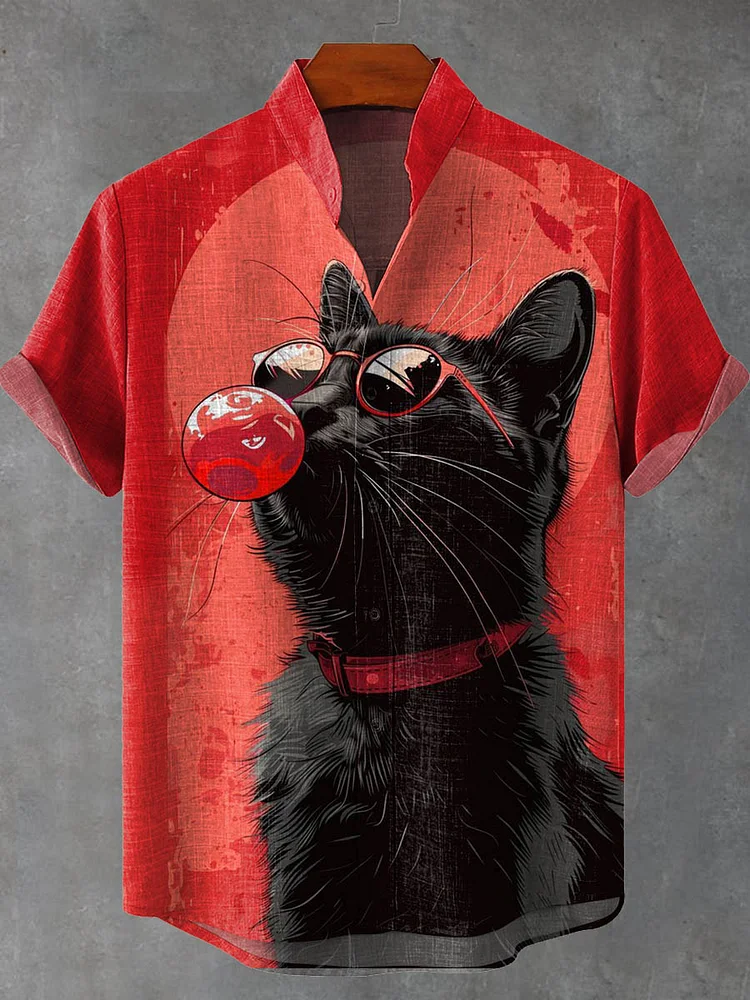 Vintage Fun Black Cat Art Print Casual 100% Cotton Shirt
