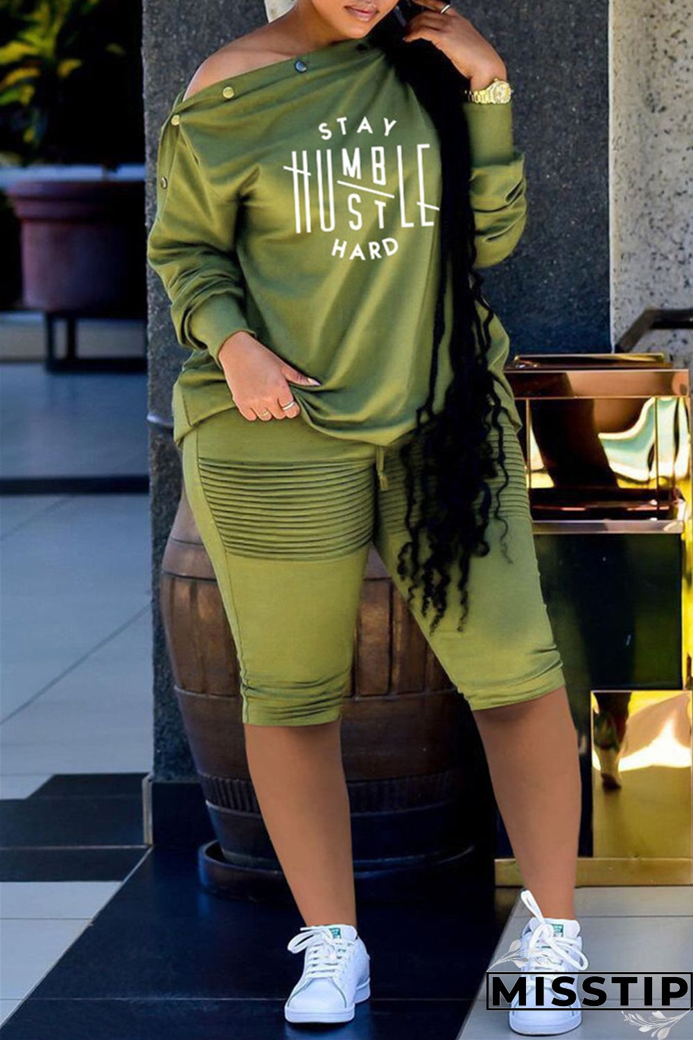 Grey Fashion Casual Print Basic Oblique Collar Long Sleeve Two Pieces
