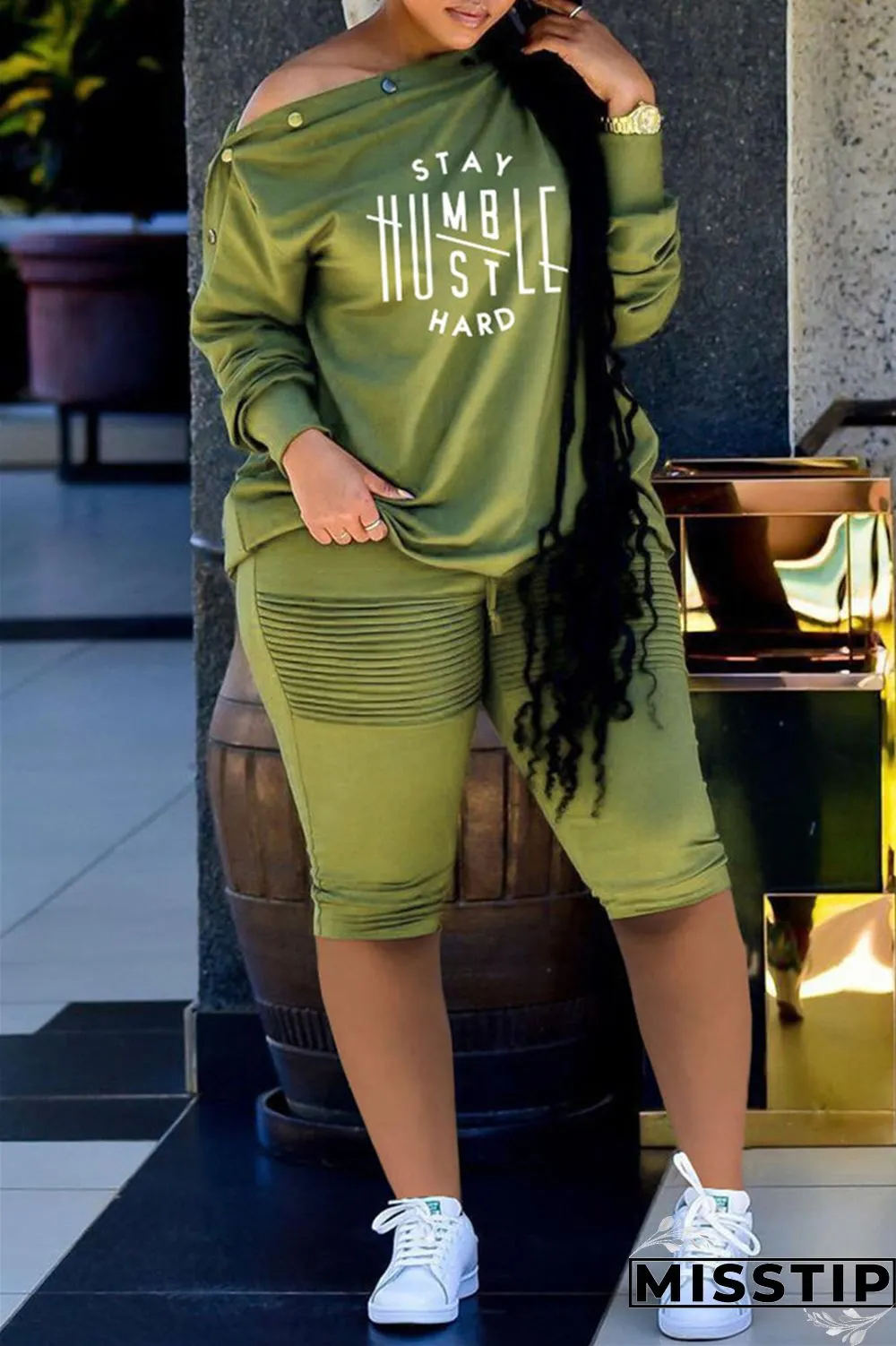 Grey Fashion Casual Print Basic Oblique Collar Long Sleeve Two Pieces
