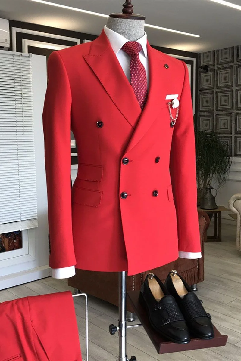 Fashion Double Breasted Red Best Wedding Suits Outfits For Groom Peaked Lapel