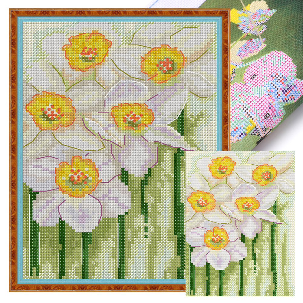 14CT Full Stamped Cross Stitch Narcissus (15*21CM) flower Embroidery