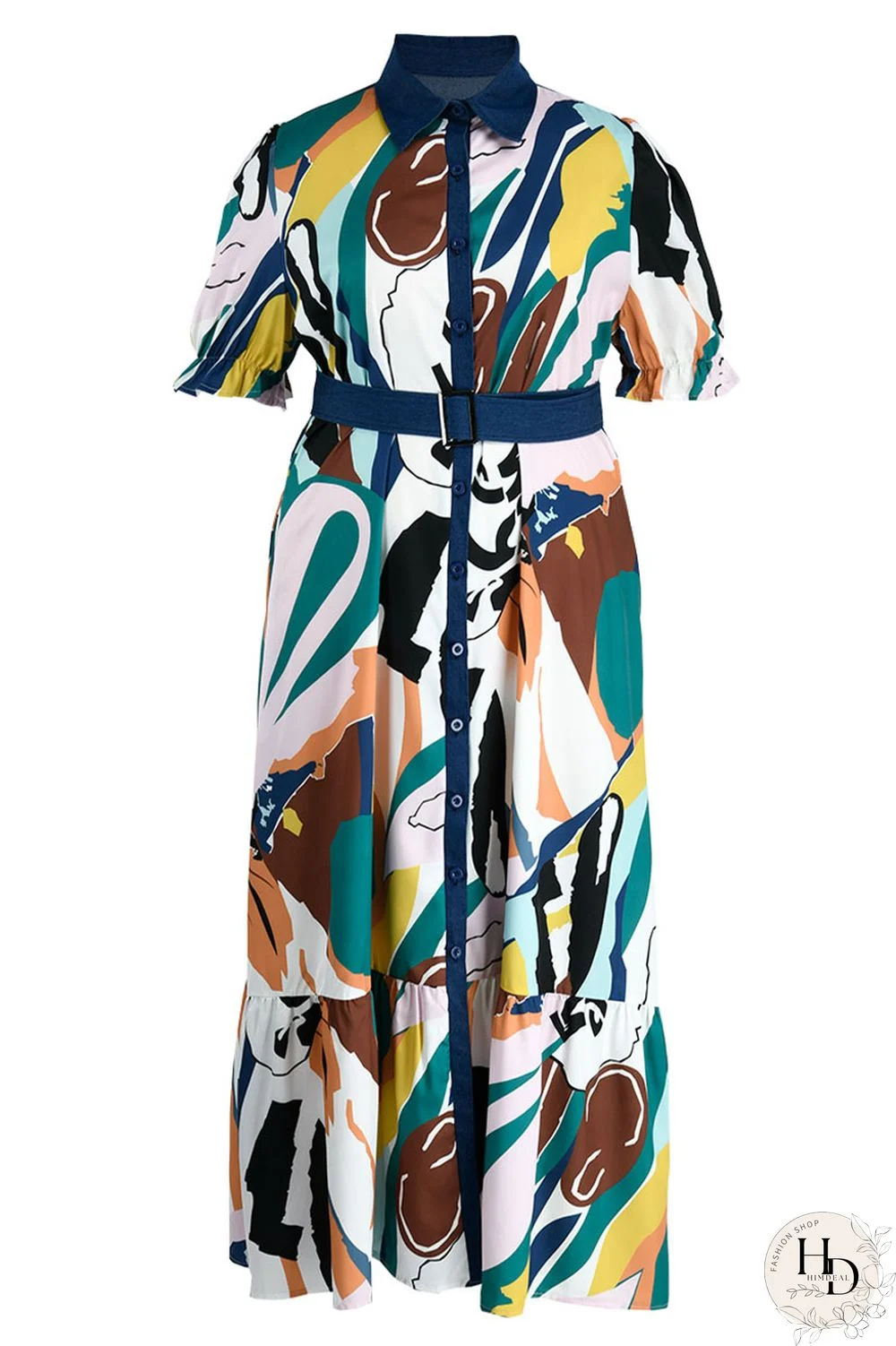 Tangerine Casual Print Patchwork Buckle Turndown Collar Straight Plus Size Dresses