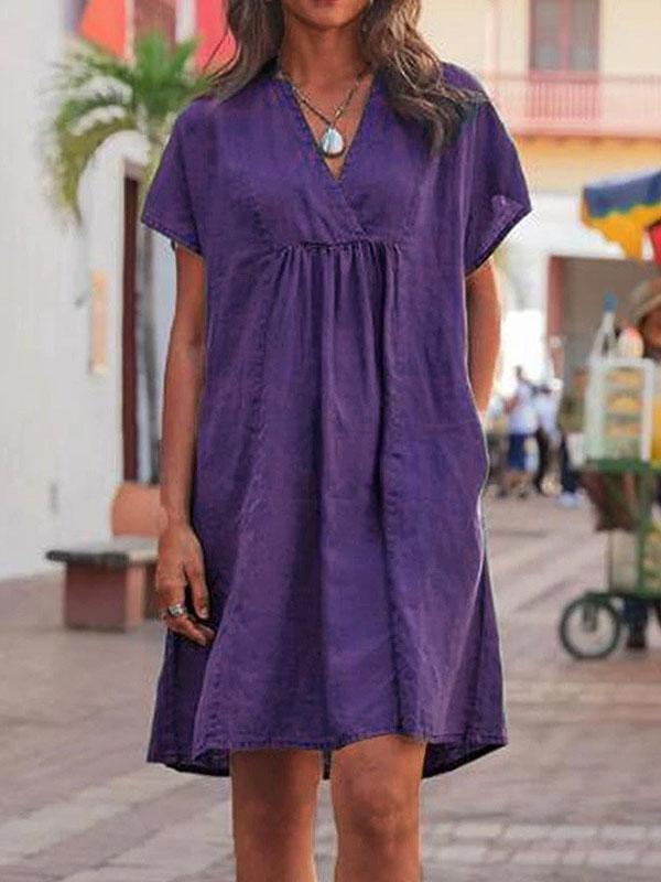 Women Short Sleeve V-neck Nude Midi Dress