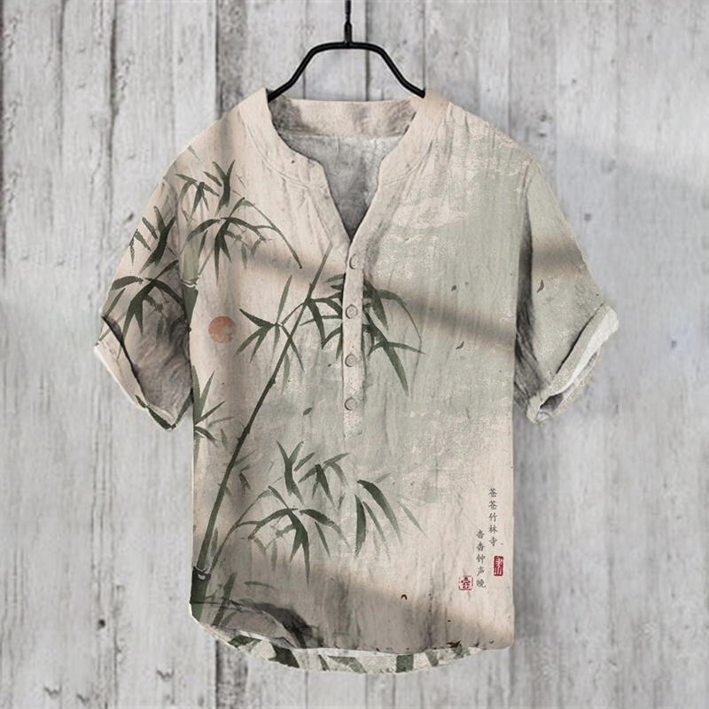 Comstylish Japanese Art Bamboo Print V-Neck Short Sleeved Linen Blend Shirt