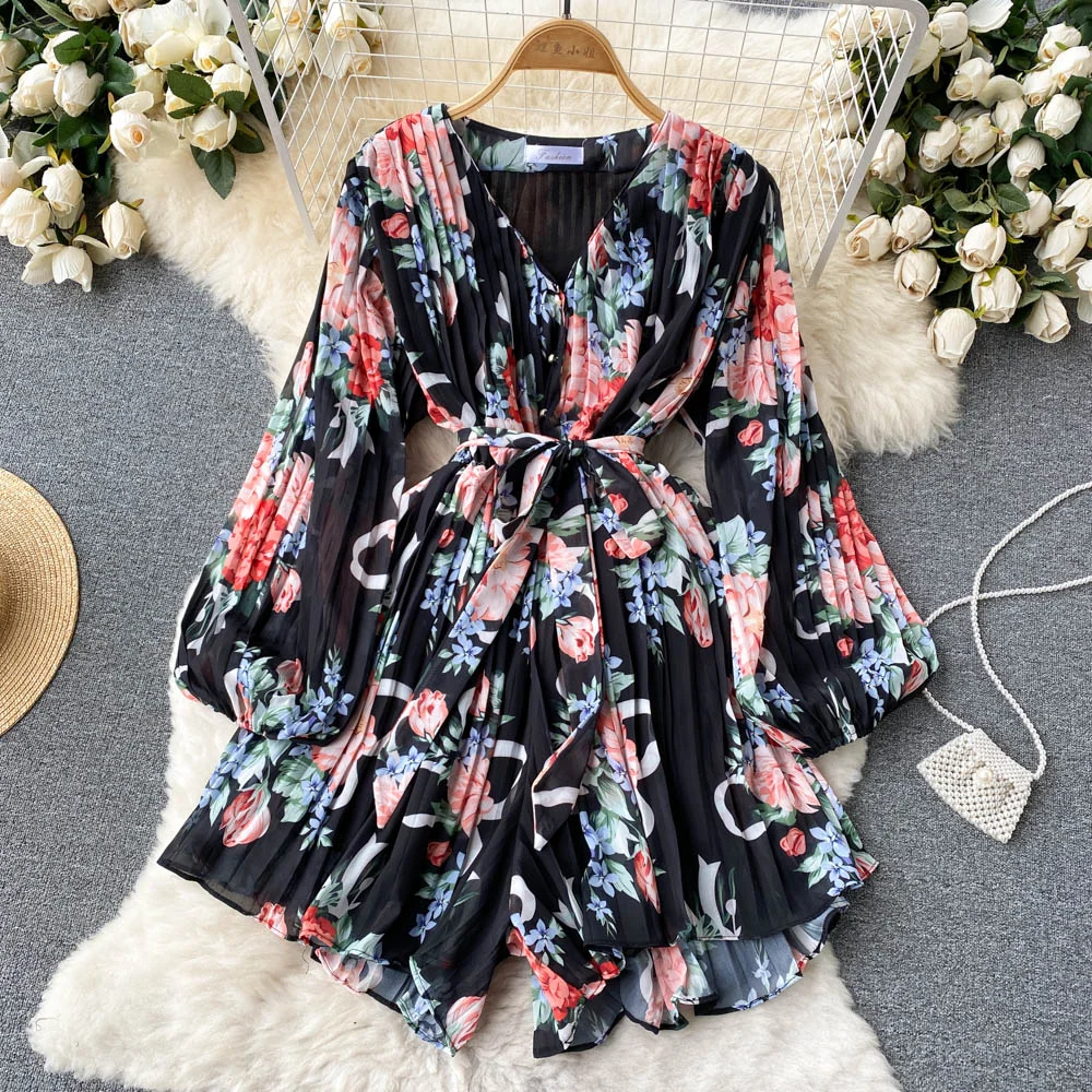 Toloer Women Sexy Floral Pleated Chiffon Romper Female Spring Summer Bohemian Holiday V-Neck Draped Wide Leg Jumpsuits 2022 Playsuits