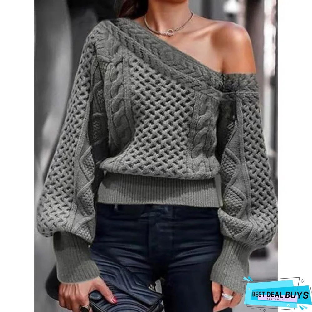 Pullover Inclined Shoulder New O-Neck One-Shoulder Knitted Sweater