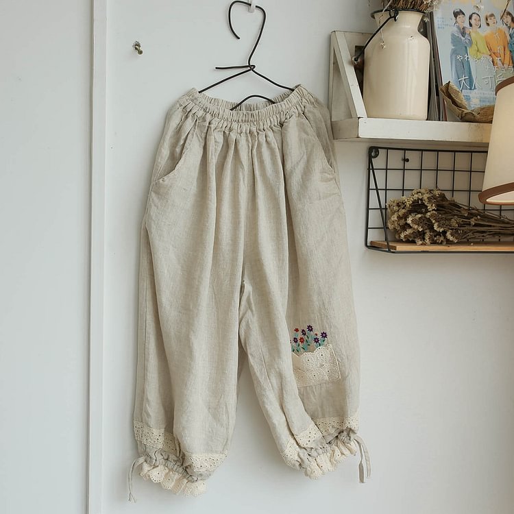 Queenfunky cottagecore style 100% Linen Farmcore Vintage Embroidered Lace Pants QueenFunky