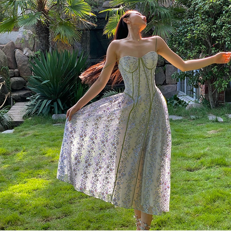 LANFUBEISI Fairy Dress Lace Floral Sling Dress Women's 2022 Summer Spaghetti Strap Dress French Fairy Elegant Long Wrapped Chest Party Dresses Robe LANFUBEISI