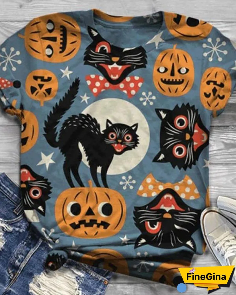 Women 5 Pattern Type Halloween Cat&Pumpkin Short Sleeve T-Shirts