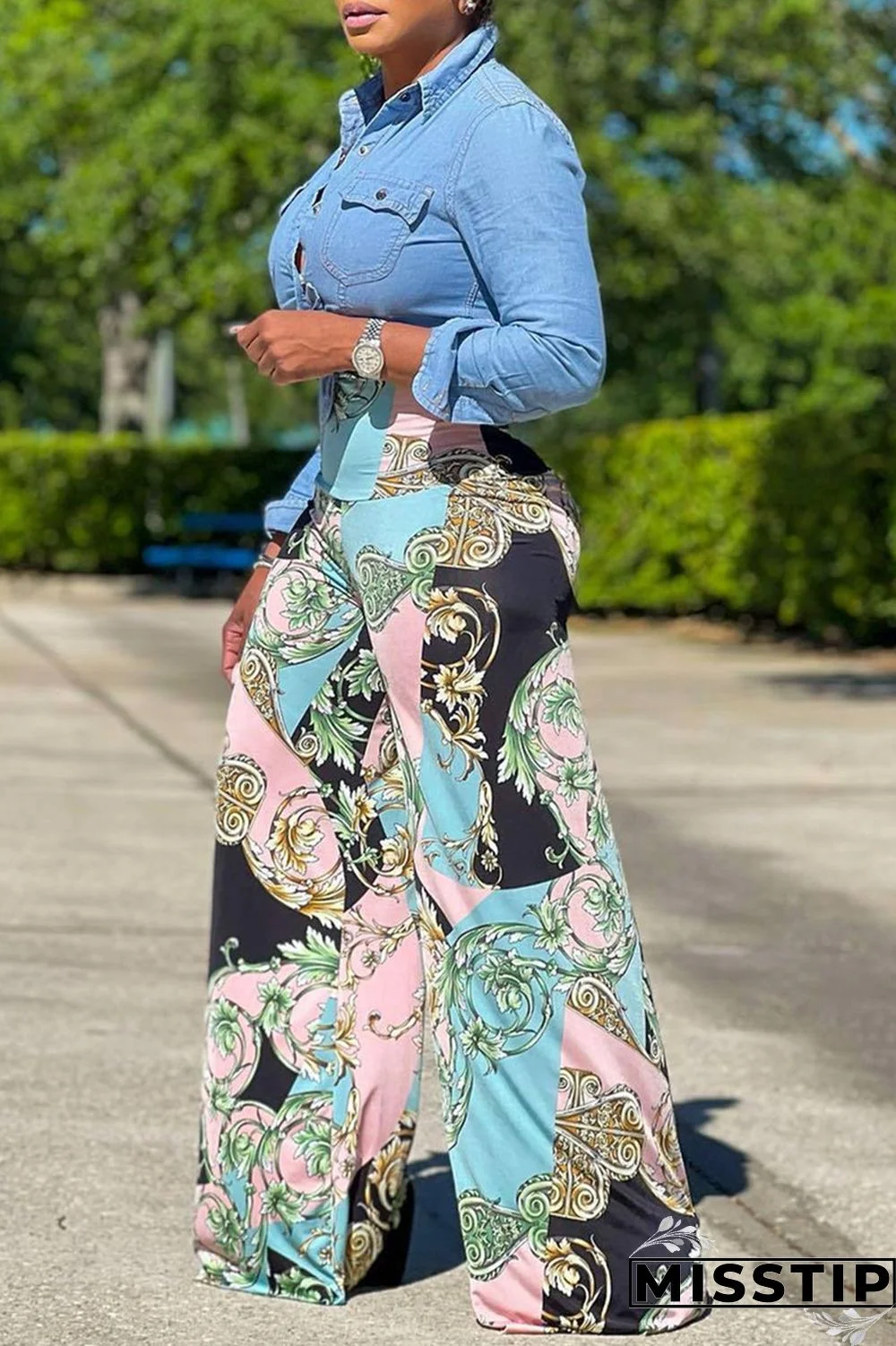 Blue Fashion Casual Print Basic Regular High Waist Trousers